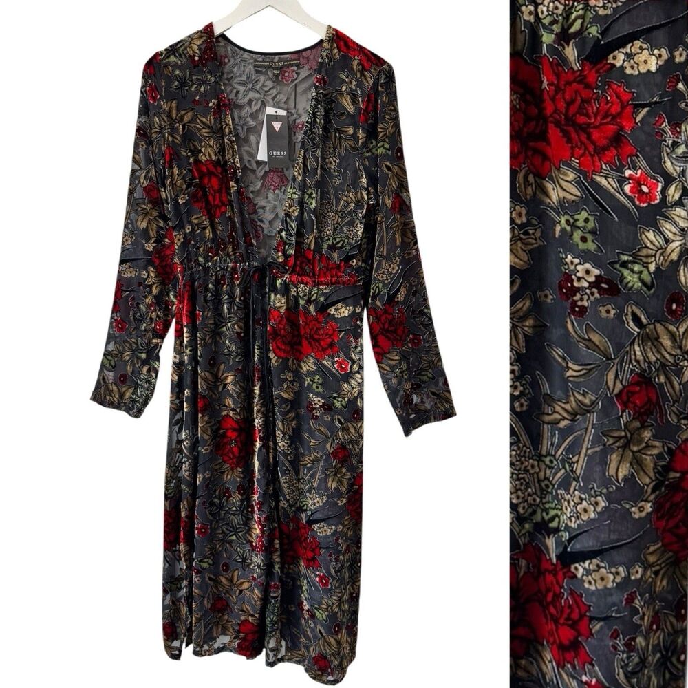 Guess Velvet Burnout Kimono Duster Sheer Floral Bohemian Whimsigoth Witchy M New